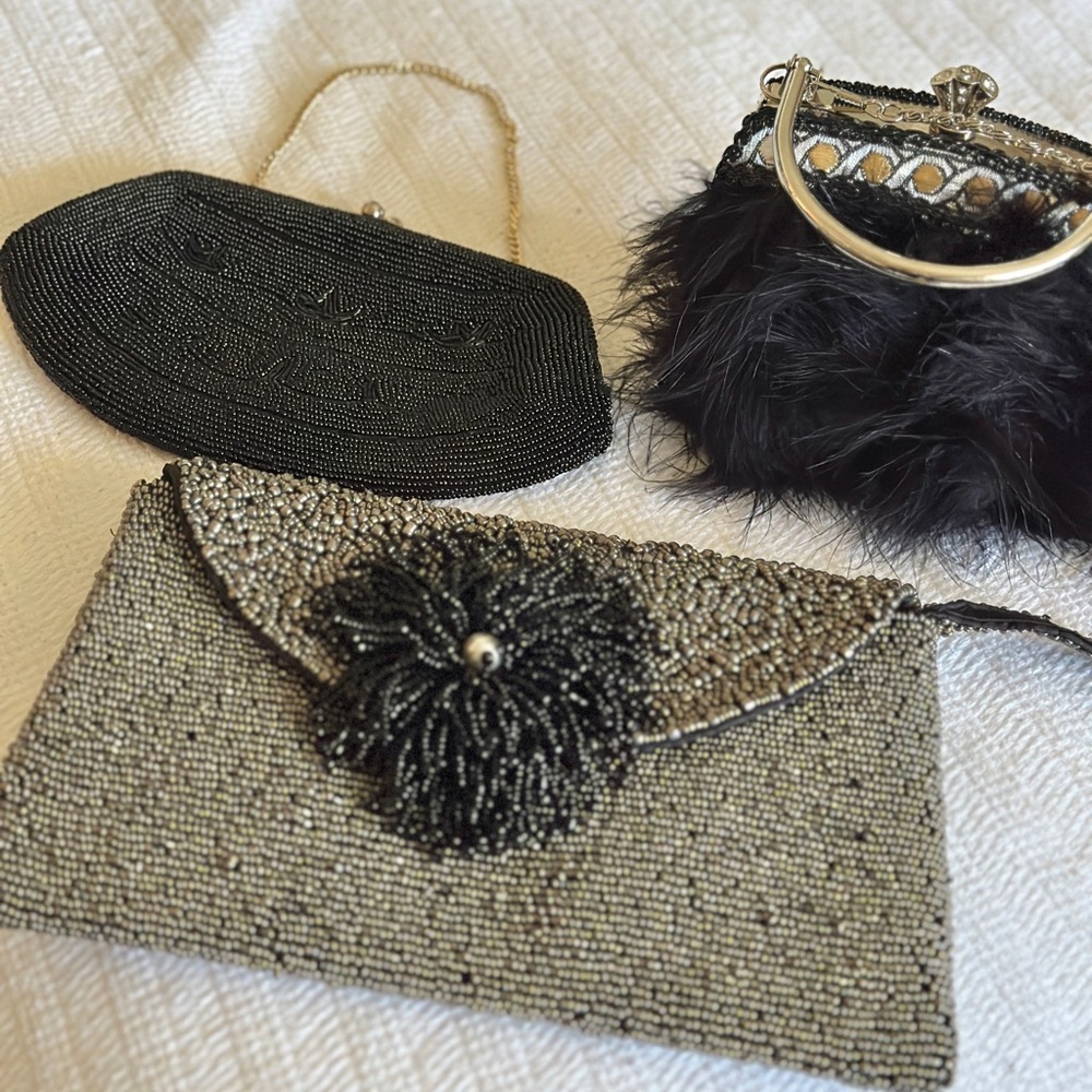 Two Vintage Black Beaded Clutch Purses Bags collection